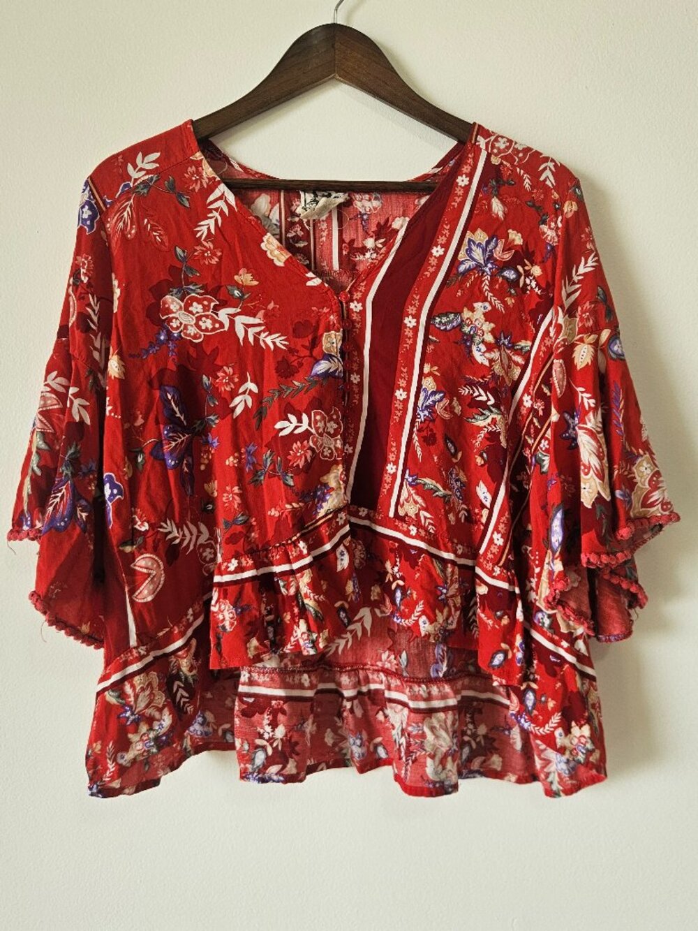 JAASE Floral Red Blouse S Small Bell Sleeves Boho Whimsical Ruffle